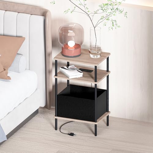 Small Side Table with Charging Station, Set of 2 End Table for Small Spaces, Slim Nightstand with Outlet,Sofa Beside Table, 3-Tier Storage Shelf,Living Room, Bed Room, Natrual Walnut - color: Natrual Walnut