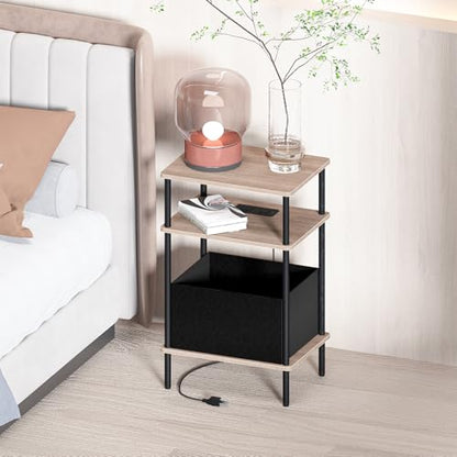 Small Side Table with Charging Station, Set of 2 End Table for Small Spaces, Slim Nightstand with Outlet,Sofa Beside Table, 3-Tier Storage Shelf,Living Room, Bed Room, Natrual Walnut - color: Natrual Walnut