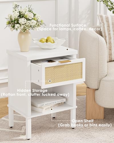 Rattan Nightstand with Drawer and Open Shelf, Boho Side Table with Gold Handle, Small Night Stand, Modern Bedside Table for Bedroom, White - color: White