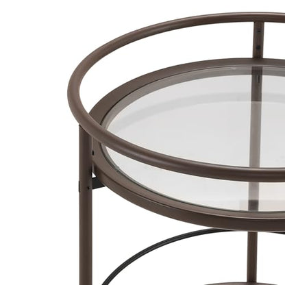 GDFStudio Modern Coffee Brown Round Bar Cart with Dual Tempered Glass Shelves, Gold Metal Accents and Lockable Casters, Rolling Beverage Serving Cart for Living Room, Dining Room or Kitchen - color: Coffee