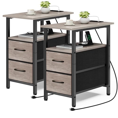 Vagusicc End Table with Charging Station Set of 2, Narrow Side Table, 23.8'' Tall Nightstand with 2 Drawers, Small Sofa Side Table Narrow Nightstand for Small Spaces, Living Room, Bedroom, Rustic Grey - color: Greige, size: 2, style: Ordinary