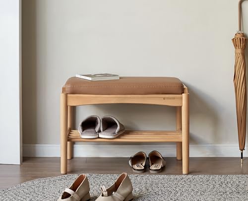 Oak Wood Shoe Bench, 24 Inch Entryway Bench with Brown Leather Cushion | Natural oak frame with brown leather cushion adds premium texture and modern elegance to your home. - color: Natural + Brown Leather Cushion, size: 23.62"