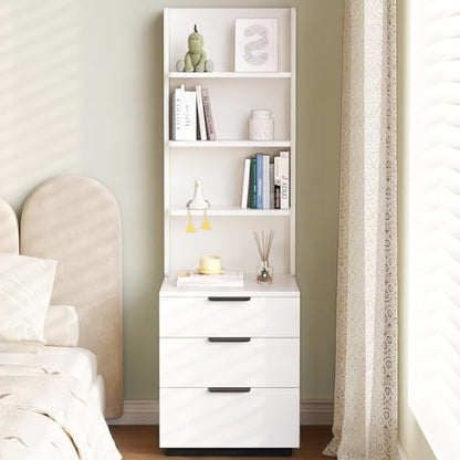 Tall Nightstand with 3 Drawers & 4 Open Shelves, Modern Bedside Table with Storage, Multifunctional Narrow Night Stand, Space-Saving End Tables for Bedroom, Small Spaces, White