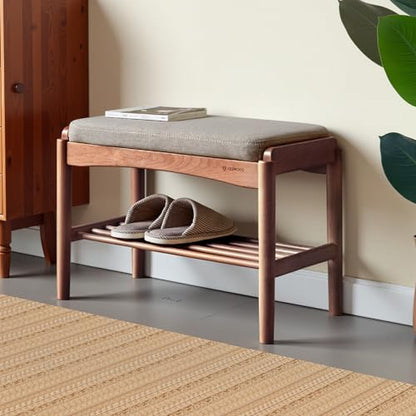Solid Wood Shoe Bench, 24 Inch Entryway Bench with Gray Cushion | Rich walnut finish with soft gray cushion creates a warm modern seating piece for entryways and living spaces. - color: Walnut + Gray Cushion, size: 23.62"