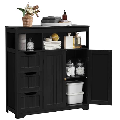 Yaheetech Bathroom Storage Cabinet, Wide Floor Cabinet with 3 Drawers and 2 Doors, Barhroom Storage Organizer with 2 Open Shelves, Adjustable Shelf, for Living Room, Kitchen, Hallway, Black - color: Black, style: 2 Doors + 3 Drawers + 2 Open Compartments
