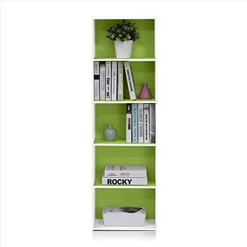Furinno LUDER Book Shelf, 5-Tier Bookshelf, Bookcase with Open Shelves, 9.4 x 15.8 x 52, Easy Assembly, for Living Room, Bedroom, Home Office, White/Green - color: White/Green, size: 5-Tier