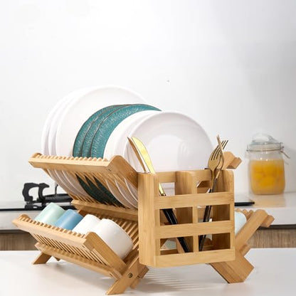 NOVAYEAH Bmaboo Dish Drying Rack for Kitchen Counter 3-Tier Collapsible Wooden Dish Drying Rack with Utensil Holder Dish Drainer Large Folding Dish Rack with Utensils Flatware Holder 51 pcs Grid - color: 3-tier Upgrade (Bamboo)