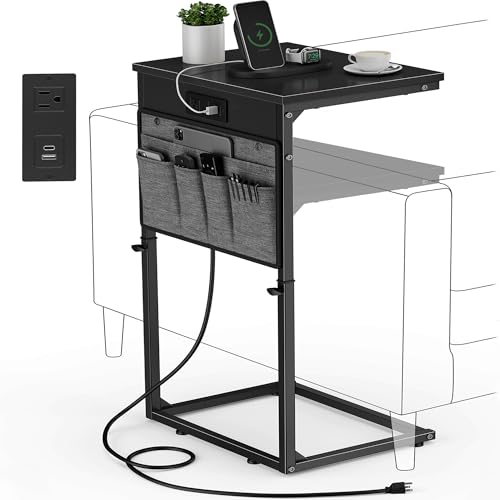 Vagusicc C Shaped End Table with Charging Station, Tall C Table End Table Adjustable Height Side Table for Couch, Small Couch Table Slide Under Sofa Table TV Tray Table for Living Room, Bedroom, Black - color: 1pc Black