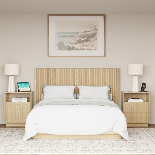 FORTUNETEC Nightstand Set of 2 with Charging Station, Mid Century Modern Nightstand with Arched Design,Boho End Table with Wood Grain Texture, Bedside Table for Bedroom Living Room Sofa Office, Oak - color: Oak, style: set of 2