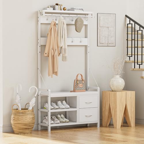 Lulive Hall Tree with Bench and Shoe Storage, 31.5” Coat Rack Freestanding | White, 5 in 1 Intelligent Design, 17 Hooks, 2 Drawers, Handy Clothes Rail - color: White, size: 11.8"D x 31.5"W x 70.9"H