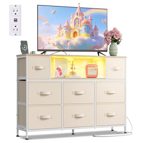 WLIVE Dresser TV Stand for 45, 50, 55 inch TV, Entertainment Center with LED Lights & Charging Station, Chest of Drawers with 8 Fabric Drawers and Open Shelves for Living Room, Hallway, Cream White - color: Cream White