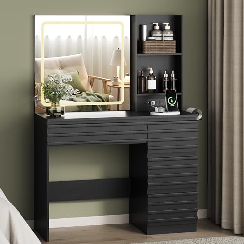 Makeup Vanity Desk with Lights, Fluted Vanity with 4 Drawers, Open Shelves, Power Outlet, LED Lighted Mirror, 3 Lighting Modes & Brightness Adjustable, Wood Dressing Table for Bedroom,Black - color: Black