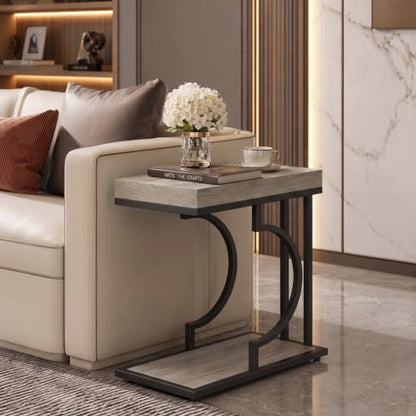 Tribesigns C Shaped Modern End Table for Coach with Metal Frame | Wood Grain, Small Side Table for Living Room, Nightstand for Bedroom, Gray&Black - color: Gray&black
