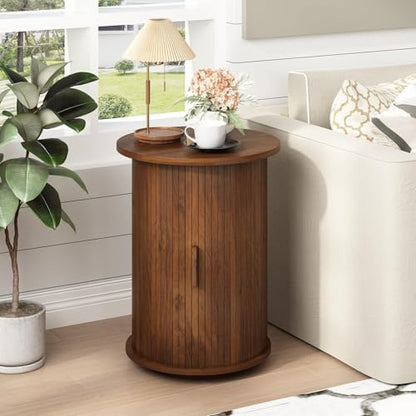 Wnutrees Round Fluted End Table, Small Accent Pedestal Side Table, Brown | Wood Nightstand with Sliding Door & 2 Tier Shelf, Bedside Unit for Living Room, Bedroom - color: Brown