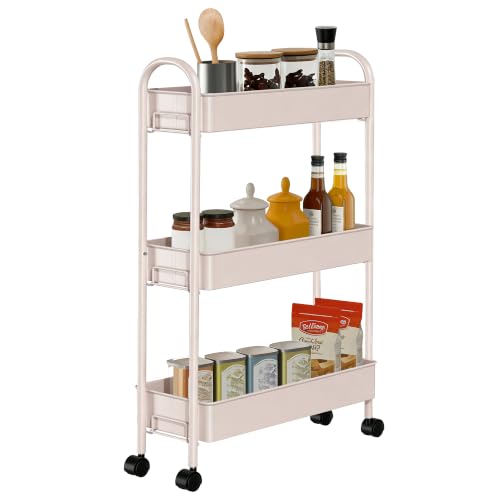 Slim Rolling Cart, Metal Frame Utility Rolling 3-Tier Narrow Storage Cart | Kitchen Storage Organizer, Mobile Shelving Unit for Bathroom Kitchen - color: Blush Pink