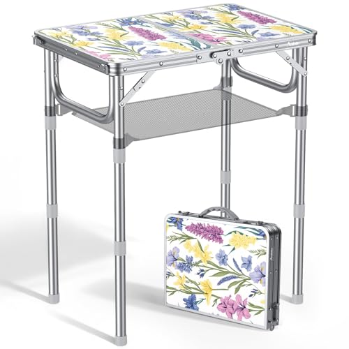 Anbte 2ft Folding Camping Table, 3 Adjustable Height Max 27.5" Small Folding Table with Storage Net Lightweight & Portable with Carry Handle, for Outdoor Indoor Camping Beach BBQ RV, Blooming Floral - color: Spring Blossom