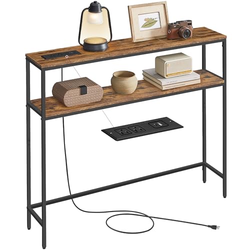 VASAGLE Console Table with Power Outlet, 2-Tier Narrow Sofa Table with 2 Shelves, 7.9 x 39.4 x 31.5 Inches, for Living Room, Hallway, Entryway, Rustic Brown and Ink Black ULNT136K01 - color: Rustic Brown + Ink Black, size: 39.4"W - With Power Outlet