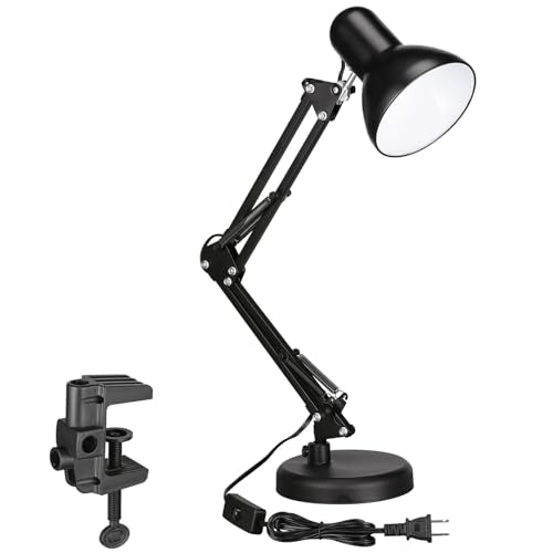 TORCHSTAR Metal Desk Lamp, Adjustable Swing Arm, E26, Black | Architect Gooseneck Multi-Joint Clip Table Lamp with Plastic Clamp, for Home Office, Work, Study, Reading, Bulbs not Included - color: Black