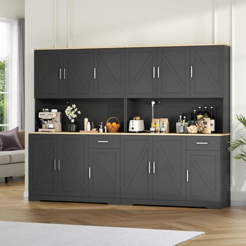 71" Pantry Cabinet,Kitchen Pantry Storage Cabine with Power Outlet,Farmhouse Kitchen Hutch Pantry Cabinet, Tall Hutch with Adjustable Shelf & Door,Food Pantry Storage for Dining Room,Kitchen (Black)