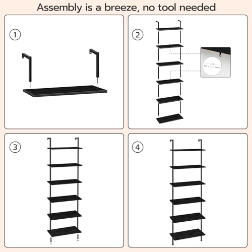 HOOBRO DIY Ladder Shelf, 6-Tier Wall Mounted Bookshelf, Office Vertical Bookcase, Wooden Storage Shelves for Home Office, Bedroom, Black BB65CJ01 - color: Black