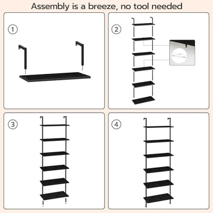 HOOBRO DIY Ladder Shelf, 6-Tier Wall Mounted Bookshelf, Office Vertical Bookcase, Wooden Storage Shelves for Home Office, Bedroom, Black BB65CJ01 - color: Black