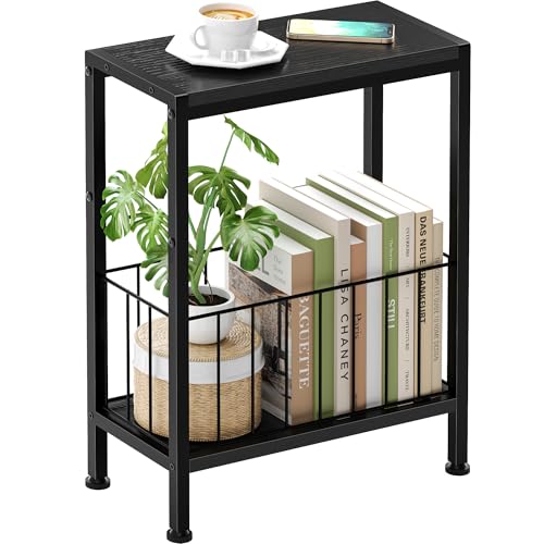 Narrow Side Table, Skinny End Tables with Magazine Holder, Small Sofa Table for Small Spaces, Space-Saving Design, Slim Nightstand Bedside Table for Living Room, Bedroom, Office, Black - color: Black