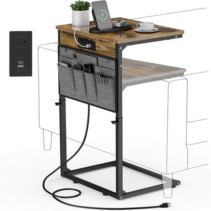 Vagusicc C-Shaped End Table with Charging Station, Small Side Table for Couch, 33" Tall C Table Adjustable Height Side Table, Couch Tables that Slide Under, Sofa Table TV Tray for Living Room, Brown - color: 1pc Rustic Brown