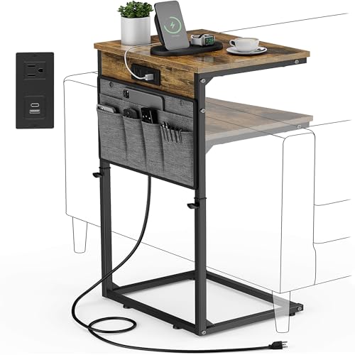 Vagusicc C-Shaped End Table with Charging Station, Small Side Table for Couch, 33" Tall C Table Adjustable Height Side Table, Couch Tables that Slide Under, Sofa Table TV Tray for Living Room, Brown - color: 1pc Rustic Brown