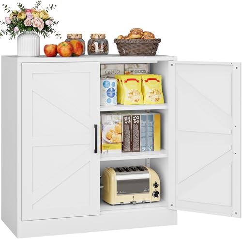 White Storage Cabinet with Doors and Adjustable Shelves,36" Farmhouse Food Pantry Cabinets,Small Sideboard Cabinet,Short Metal Storage Cabinets for Home Kitchen,Dining/Living/Laundry/Room - color: White, size: 36"H