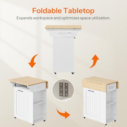 HOOBRO Kitchen Island with Trash Can Storage, Rolling Kitchen Island with Drop Leaf Countertop, Island Table with Power Outlet & Spice Rack, for 10 Gallon Garbage Bin, White and Natural WN33UZD01
