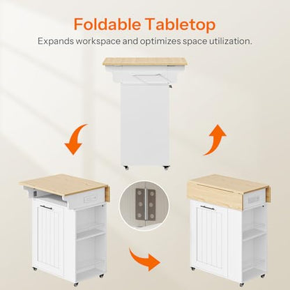 HOOBRO Kitchen Island with Trash Can Storage, Rolling Kitchen Island with Drop Leaf Countertop, Island Table with Power Outlet & Spice Rack, for 10 Gallon Garbage Bin, White and Natural WN33UZD01