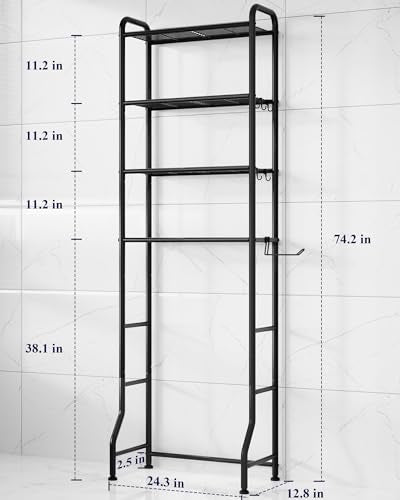 Kitsure Over Toilet Storage Rack, 74.2" H Space-Saving, Holder & Hooks | Bathroom, Laundry Room, Small Spaces, Families, Durable Metal, Black, 4 Tier - color: Black, size: 4 Tiers (74.2"H)