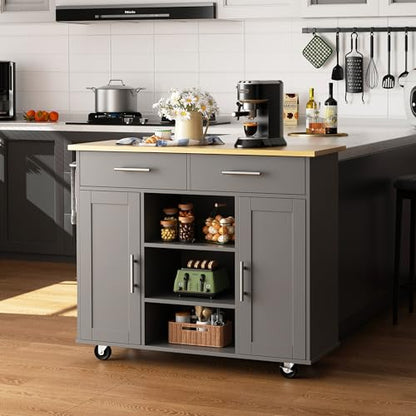 Shintenchi Kitchen Island with Storage, Kitchen Island Cart on Wheels with 3 Open Shelves, 2 Drawers and 2 Cabinets, Rolling Kitchen Table with Large Countertop, Gray - color: Silver