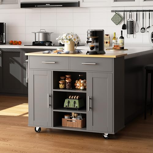 Shintenchi Kitchen Island with Storage, Kitchen Island Cart on Wheels with 3 Open Shelves, 2 Drawers and 2 Cabinets, Rolling Kitchen Table with Large Countertop, Gray - color: Silver