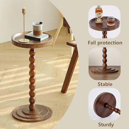 Small Round SideTable, Drink Table Martini Table for Small Spaces, Tall End Table with Solid Wood Leg, Pedestal Side Table for Living Room Sofa Bedroom Bedside (Dark Walnut)