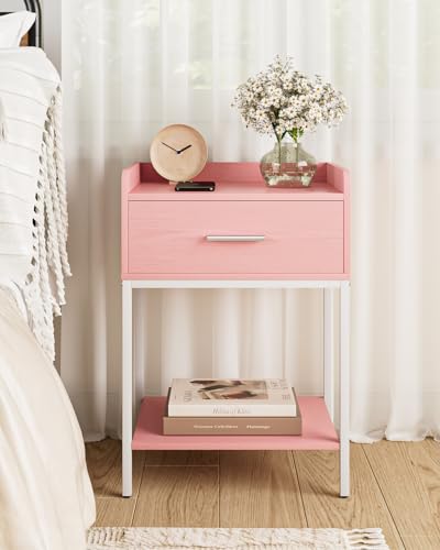 Nightstand,Modern Bedside Table Night Stand with Storage Drawer and Open Shelf,Small End Side Table for Bedroom,Living Room,Pink - color: Pink