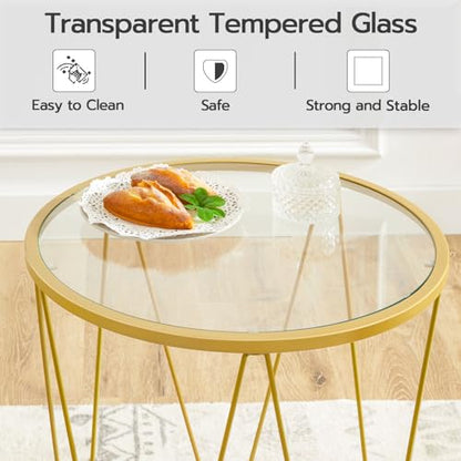 HOOBRO Small Coffee Table Set of 2, Round Coffee End Table with Metal Frame, Glass Tabletop, Gold Side Table for Living Room, Bedroom and Balcony, Modern Style, Gold GD79BZ01