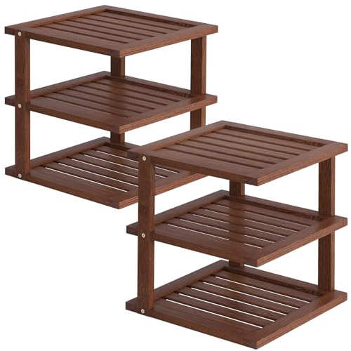 2 Pack Bamboo Corner Shelf,3 Tier Kitchen Cabinet Organizer for Plates and Dishes,Pantry Storage and Spice Rack（Brown） - color: Brown, size: 2 PC