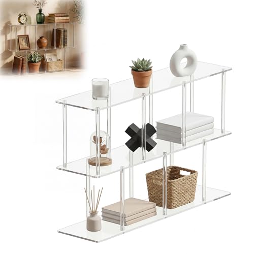3-Tier Acrylic Clear Bookshelf 11.8''D X 47.2''W X 24.6''H Horizontal Bookshelf with Large Storage Cube Organizer Shelf Easy Assembly for Home Office Living Room Bedroom