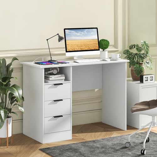 White Computer Desk with Charging Station, Home Office Desks with 3 Drawers & Open Storage Shelf, Modern Makeup Vanity for Bedroom, Wooden Study Writing Table Workstation