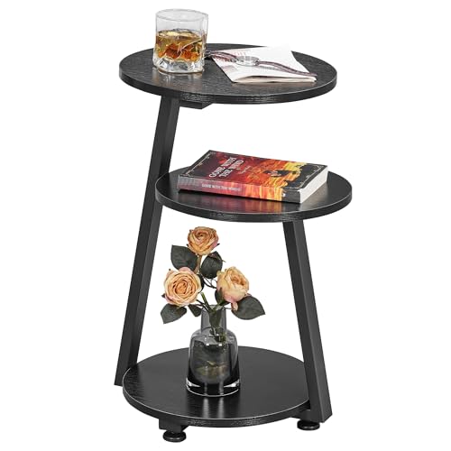 BEWISHOME Round End Table Side Table with Metal Frame, Black KTZ41B | Accent Table Nightstand Bedside Table, 3-Tier Shelves, Small Couch Table, For Living Room Bedroom - color: Black, size: without PowerOutlet