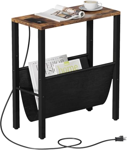 Narrow Side Table with Charging Station, Skinny Nightstand with USB Ports & Outlet, Slim Sofa Side Table with Storage Bag, Small End Table for Small Spaces, Living Room, Bedroom, Rustic Brown - color: Rustic Brown