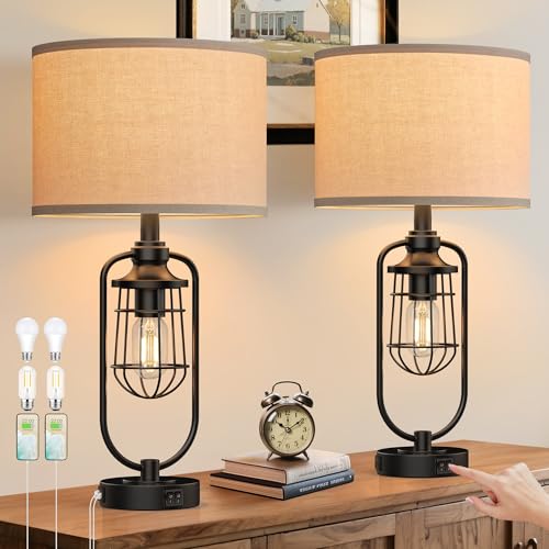 24" Farmhouse Table Lamps for Living Room Set of 2, Black Rustic Lamps for Night Stands with USB Ports, Industrial Bedside Lamp for Bedroom End Tables, Bulbs Included - color: Matted Black