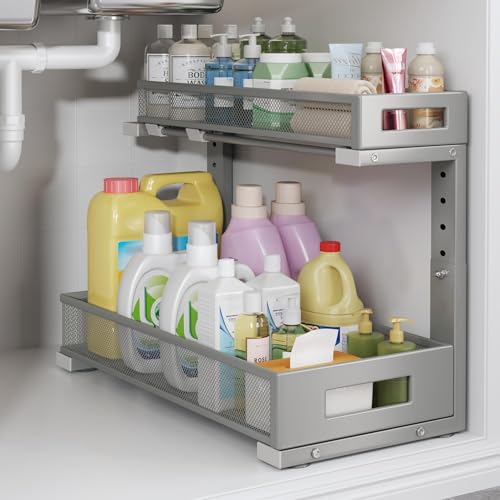 1 Pack 17IN Depth Under Sink Storage Organizer, Large 2-Tier Elegant Mesh Pull Out Shelf for Kitchen and Bathroom Cabinet Organization, L-Shaped and Adjustable Height Design-Gun Gray - color: Gun Gray, size: 1 Pack-17"Dx11.4"-16.14"H