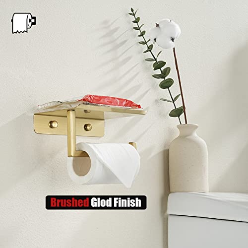 JQK Toilet Paper Holder Shelf, Bathroom Tissue Roll Holder with Phone Shelf, 5 Inch 304 Stainless Steel Tissue Paper Dispenser, Brushed Gold Finished Wall Mount, TPH202-BG - color: Gold