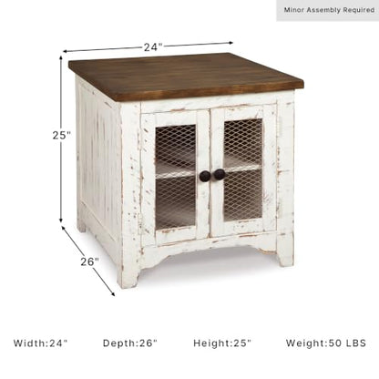 Signature Design by Ashley Wystfield Farmhouse End Table with Storage, Distressed White & Brown Finish - color: Dark Brown & White