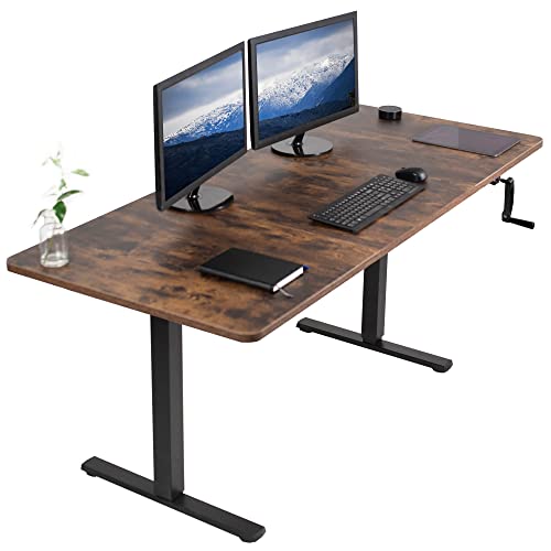 VIVO Manual Height Adjustable 71 x 30 inch Stand Up Desk, Rustic Vintage Brown Table Top, Black Frame, Standing Workstation with Foldable Handle, DESK-KIT-MB7N - color: Vintage Brown Top / Black Frame, size: 71" x 30"