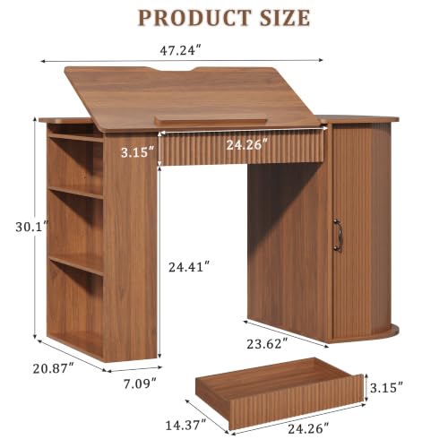 Drafting Table with Storage Cabinet & Drawers, Adjustable Drawing Table with Open Shelves, Crafting Table Art Desk for Home Office, Reading, Writing, Crafting, Painting - color: Walnut