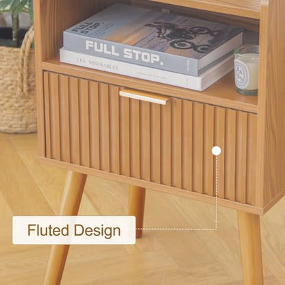 AWASEN Fluted Night Stand Set 2, Mid Century Modern Bedside Table Set of 2 with Storage Drawers, Wood Night Stand Side Table with Solid Wood for Living Room, Bedroom, Office and Small Space (Brown) - color: Brown Set of 2