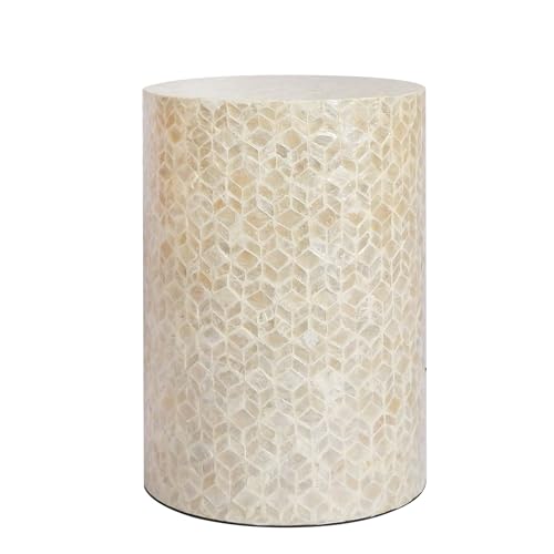 PEMAR Capiz Shell Cylinder Drum End Table Nacre Side Table Stool Round Drum Accent Coffee Bedside Nightstand and Vanity Stool, 13" Diameter x 19.3" High, White Cream - color: White Cream
